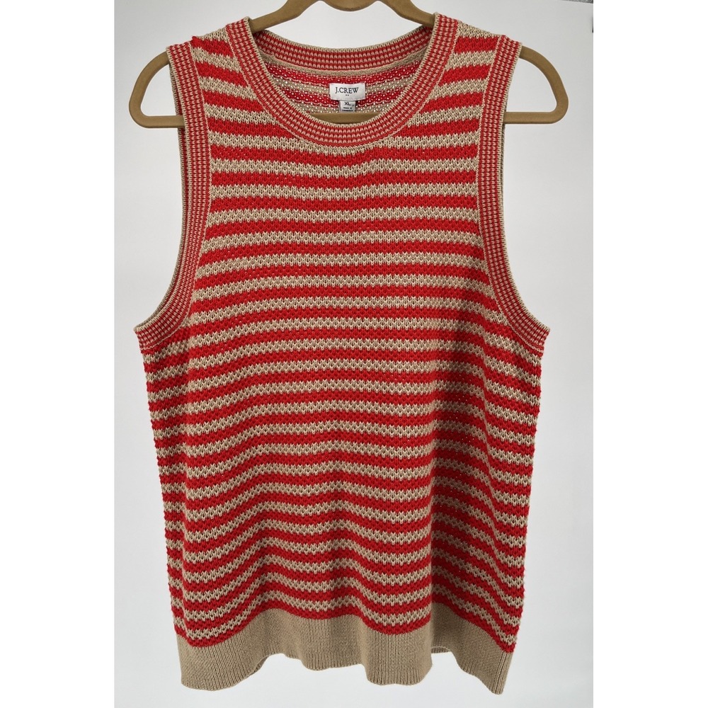 J Crew Sweater Vest Women XL Stripe Knit Tan Red Academia Casual Preppy Cotton